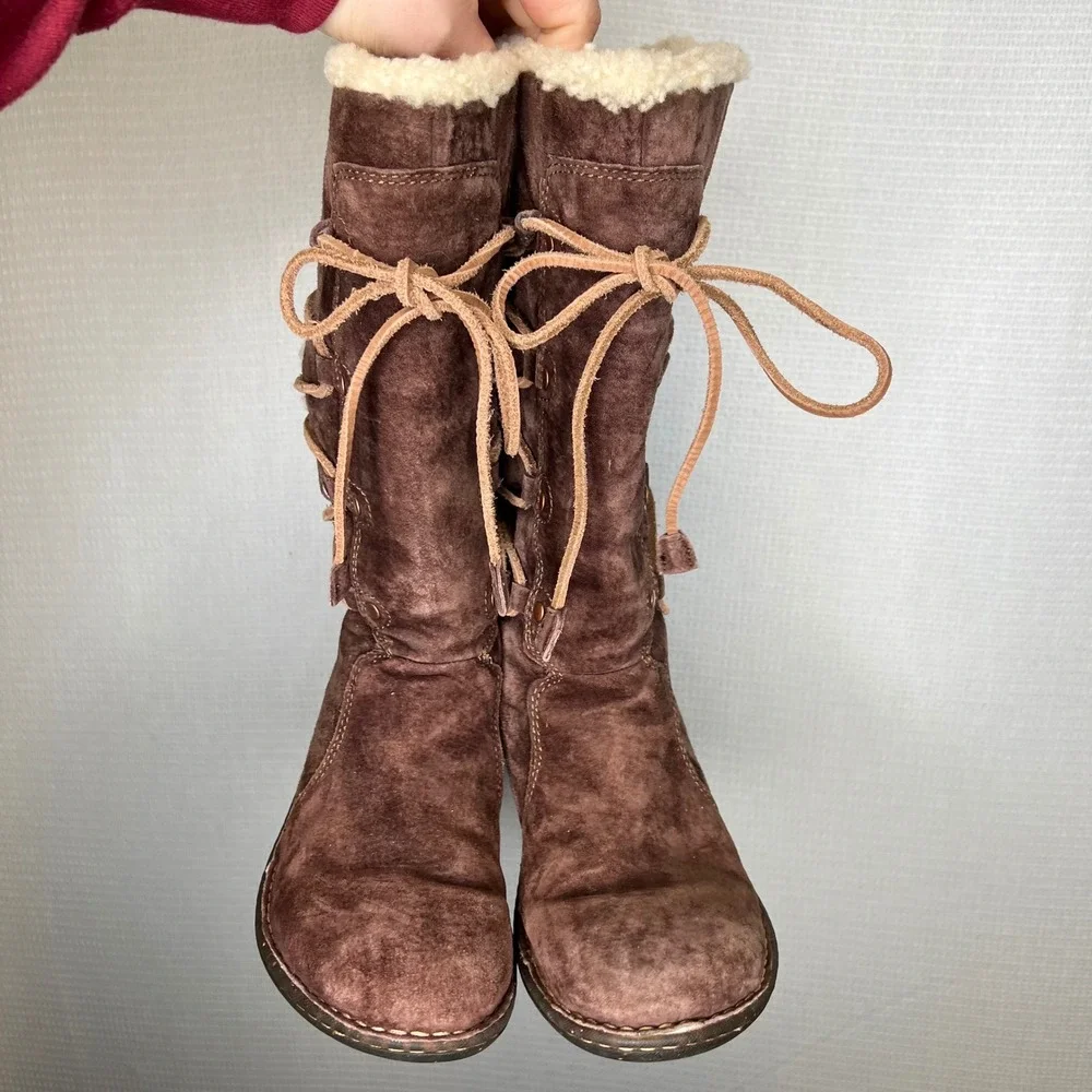 UGG Australia Sunburst Tall Chocolate Brown Suede Shearling Lace Up Boots Womens
